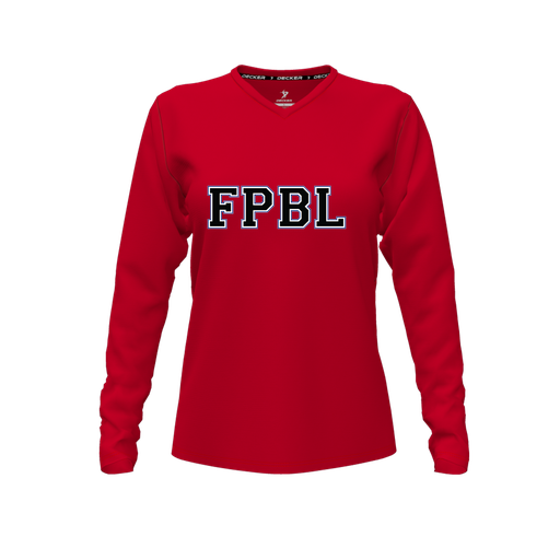 [FTLVCFRD-FYXS-LOGO2] Decker Comfort T-Shirt (Female Youth XS, Red, V Neck, Logo 2, Long Sleeve)